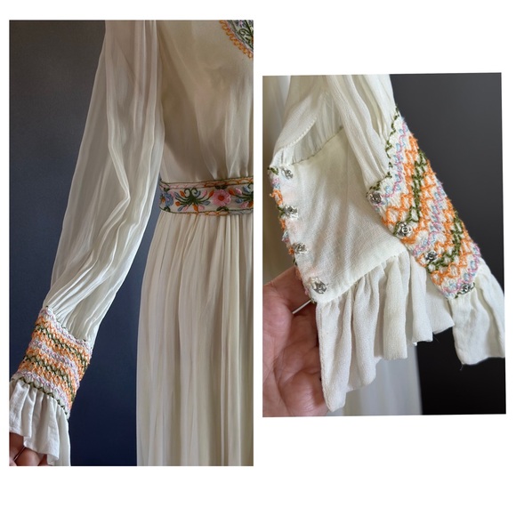 Vintage 70s Montaldos Union Made Wedding Dress Cream Embroidered Flowers - Picture 4 of 15